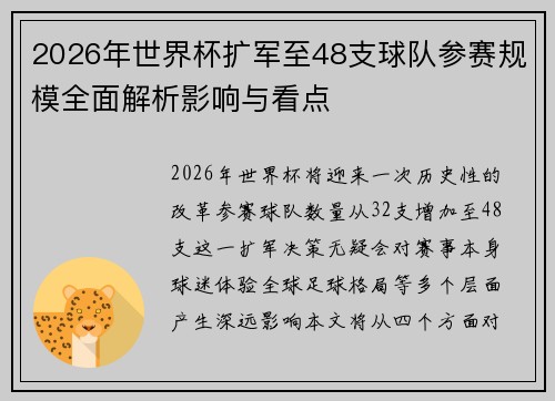 2026年世界杯扩军至48支球队参赛规模全面解析影响与看点 2026年世界杯扩军至48支球队参赛规模全面解析影响与看点