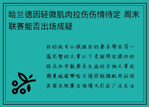 哈兰德因轻微肌肉拉伤伤情待定 周末联赛能否出场成疑 哈兰德因轻微肌肉拉伤伤情待定 周末联赛能否出场成疑